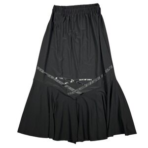 Vintage Black Midi Skirt Flared Gathered Waistband Ribbon Sequin Detail 90s Y2K